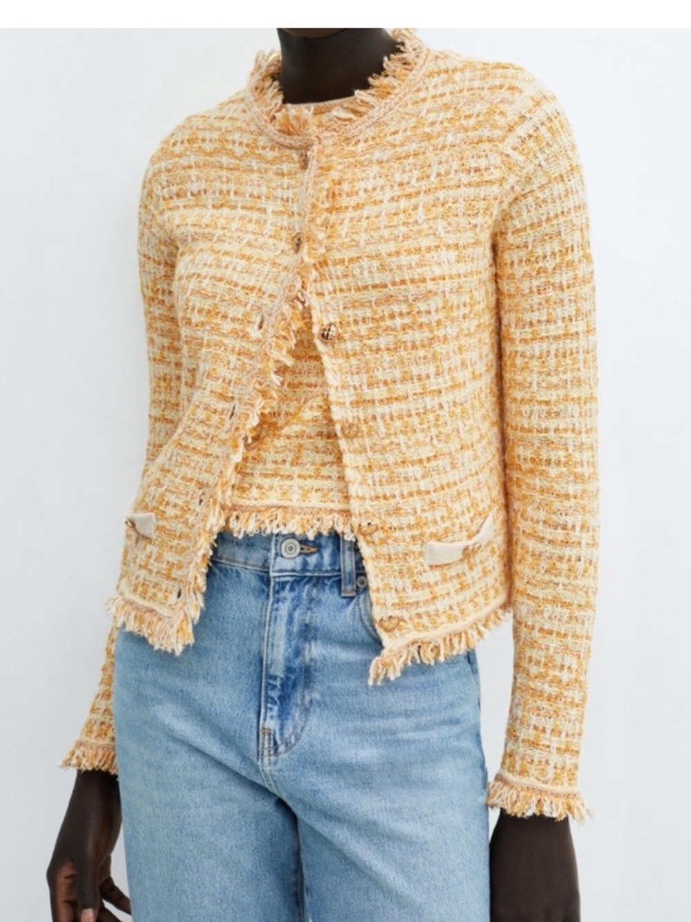 MANGO Coquita Yellow Tweed Frayed-Edge Jacket
